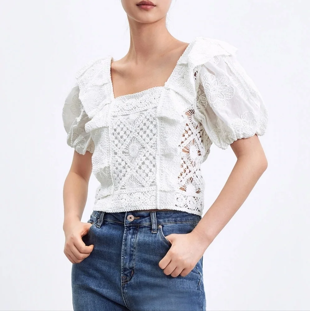 NEW Puff Sleeve Square Collar Cotton Knitted T-Shirt - Picture 2 of 3